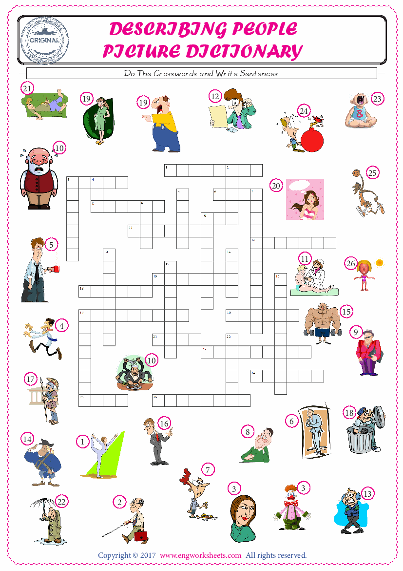  ESL printable worksheet for kids, supply the missing words of the crossword by using the Describing People picture. 